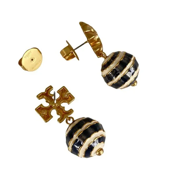 Auth NEW Tory Burch Navy New Roxanne Small Drop Stripe Earrings w/Card/Bag $168 - Picture 3 of 7